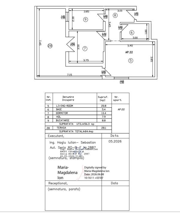Apartament 2 camere | 84,4 mp | Terasă 28,1 mp | Finisat la cheie | 